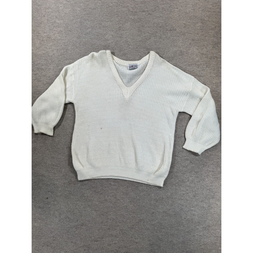 Vintage 80s Croquet Club Sweater Womens White Chunky Knit V Neck Pullover M